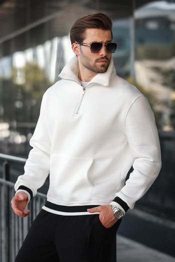 Ekru Fermuarlı Dik Yaka Kanguru Cep Erkek Sweatshirt E7159