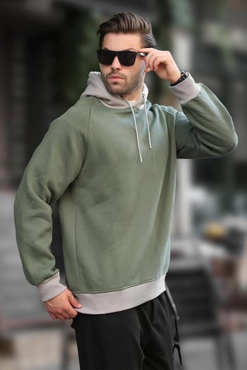 Haki Renk Bloklu Kapüşonlu Sweatshirt 7073