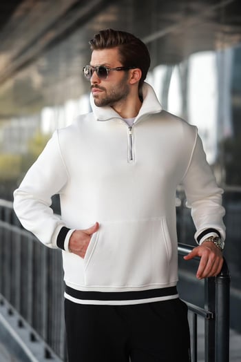 Ekru Fermuarlı Dik Yaka Kanguru Cep Erkek Sweatshirt E7159