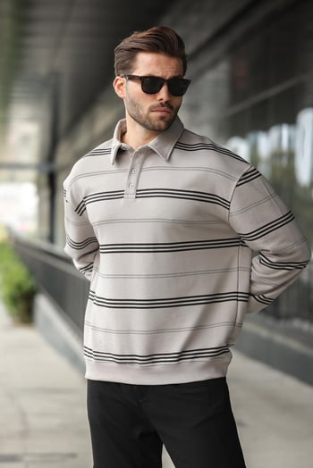 Boyalı Gri Çizgili Polo Yaka Erkek Sweatshirt E7172
