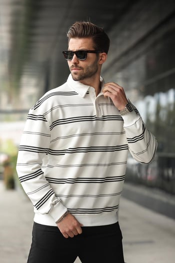 Ekru Çizgili Polo Yaka Erkek Sweatshirt E7172
