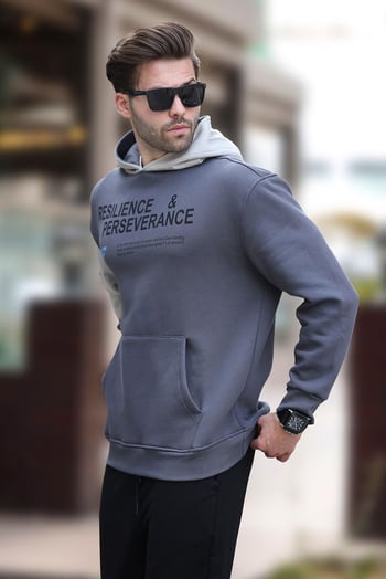 Füme Kapüşonlu Cep Detaylı Baskılı Erkek Sweatshirt 7058
