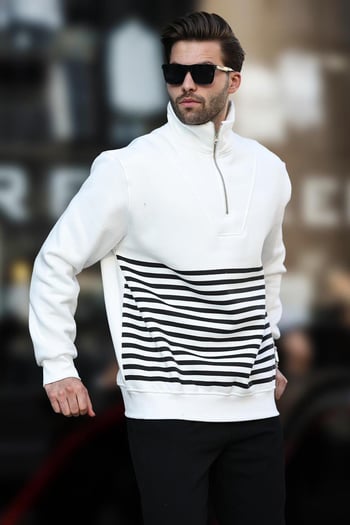 Ekru Fermuar Yakalı Çizgili Sweatshirt 7056