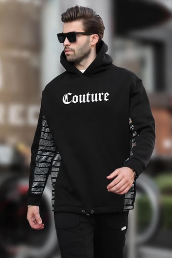 Siyah Kapüşonlu Baskılı Erkek Sweatshirt 7090