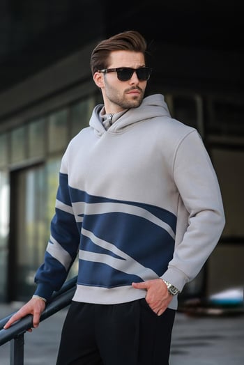 Boyalı Gri Kapüşonlu Fermuar Yaka Desenli Erkek Sweatshirt E7162