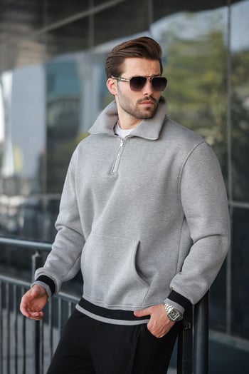 Grimelanj Fermuarlı Dik Yaka Kanguru Cep Erkek Sweatshirt E7159