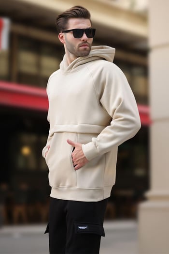 Bej Kapüşonlu Cep Detaylı Erkek Sweatshirt 7092