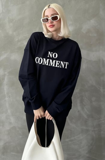 Lacivert Bisiklet Yaka Baskılı Oversize Kadın Sweatshirt MG1902
