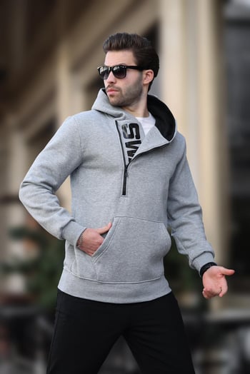 Madmext Gri Fermuar Detaylı Kapüşonlu Sweatshirt 1767