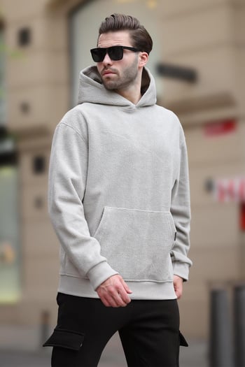 Boyalı Gri Kapüşonlu Cep Detaylı Polar Erkek Sweatshirt 7093