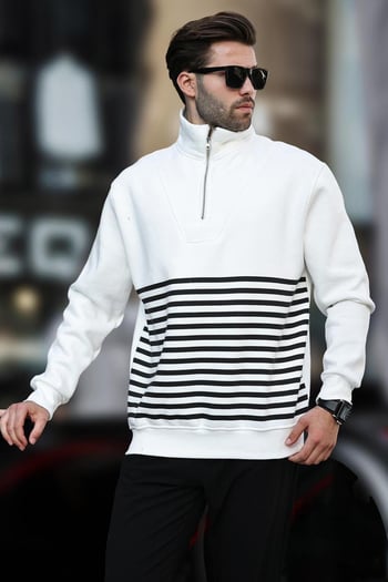Ekru Fermuar Yakalı Çizgili Sweatshirt 7056