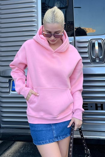 Pembe Kapüşonlu Şardonlu Oversize Cepli Sweatshirt MG2206