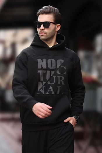 Siyah Baskılı Kapüşonlu Cep Detaylı Erkek Sweatshirt 7062