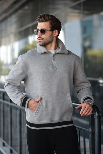 Grimelanj Fermuarlı Dik Yaka Kanguru Cep Erkek Sweatshirt E7159