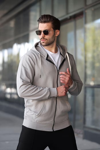 Boyalı Gri Fermuarlı Kapüşonlu Sweatshirt 6161