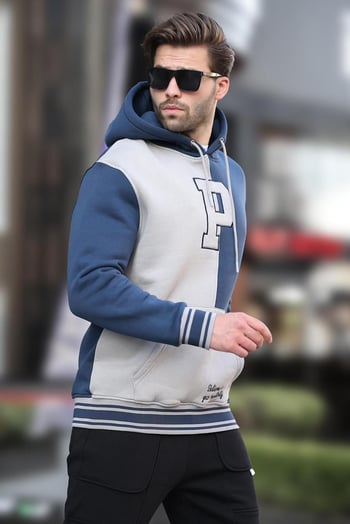 Lacivert Renk Bloklu Kapüşonlu Baskılı Erkek Sweatshirt 7078
