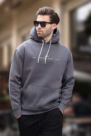 Füme Kapüşonlu Nakış Detaylı Cepli Erkek Sweatshirt 7066