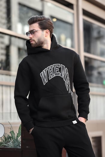 Siyah Kapüşonlu Baskılı Cep Detaylı Erkek Sweatshirt E7065