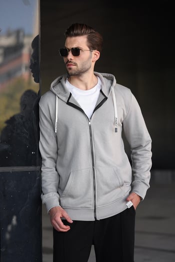 Boyalı Gri Fermuarlı Kapüşonlu Sweatshirt 6161