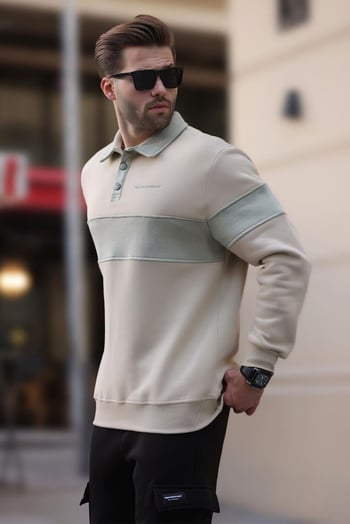 Bej Polo Yaka Renk Bloklu Erkek Sweatshirt 7072