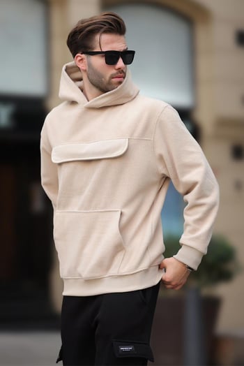 Bej Kapüşonlu Kapaklı Cep Detaylı Polar Erkek Sweatshirt 7097