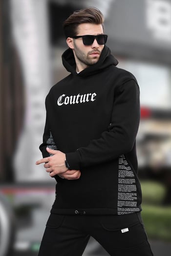 Siyah Kapüşonlu Baskılı Erkek Sweatshirt 7090