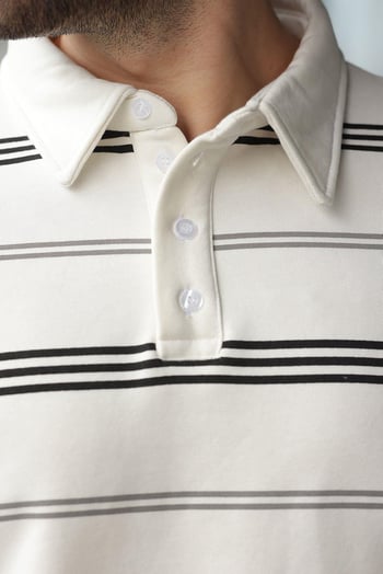 Ekru Çizgili Polo Yaka Erkek Sweatshirt E7172