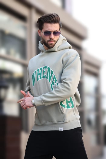 Çağla Yeşili Kapüşonlu Baskılı Cep Detaylı Erkek Sweatshirt E7065