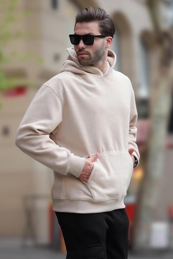 Bej Kapüşonlu Cep Detaylı Polar Erkek Sweatshirt 7093