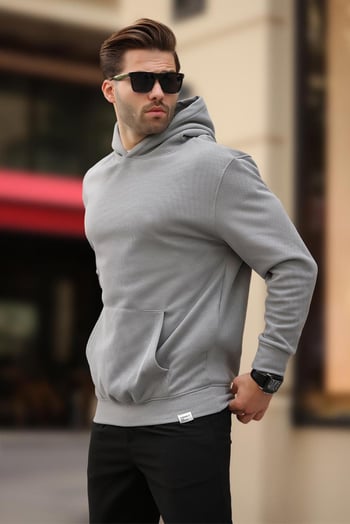 Boyalı Gri Kapüşonlu Cep Detaylı Sweatshirt 7095