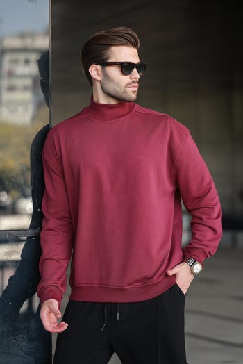 Bordo Yarım Balıkçı Yaka Erkek Basic Sweatshirt E7158