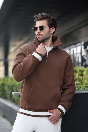 Kahverengi Fermuarlı Dik Yaka Kanguru Cep Erkek Sweatshirt E7159
