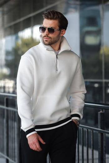 Ekru Fermuarlı Dik Yaka Kanguru Cep Erkek Sweatshirt E7159