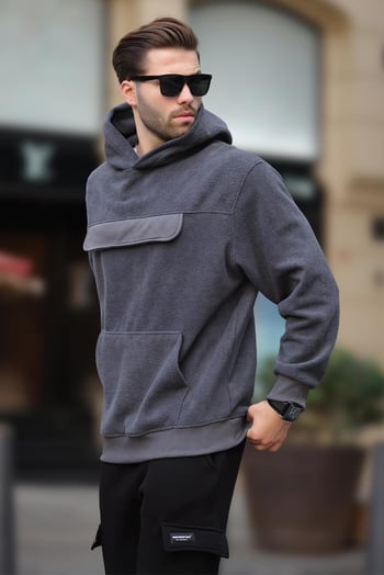 Füme Kapüşonlu Kapaklı Cep Detaylı Polar Erkek Sweatshirt 7097