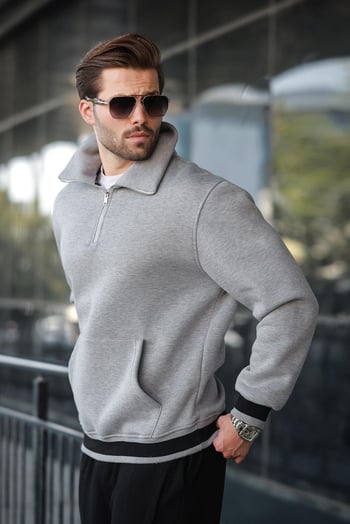 Grimelanj Fermuarlı Dik Yaka Kanguru Cep Erkek Sweatshirt E7159