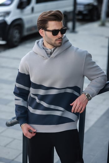 Boyalı Gri Kapüşonlu Fermuar Yaka Desenli Erkek Sweatshirt E7162