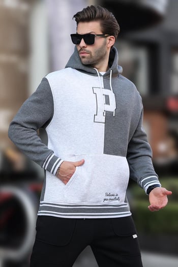 Antrasit Renk Bloklu Kapüşonlu Baskılı Erkek Sweatshirt 7078