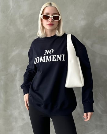 Lacivert Bisiklet Yaka Baskılı Oversize Kadın Sweatshirt MG1902