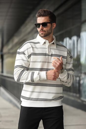 Ekru Çizgili Polo Yaka Erkek Sweatshirt E7172