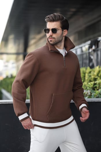 Kahverengi Fermuarlı Dik Yaka Kanguru Cep Erkek Sweatshirt E7159