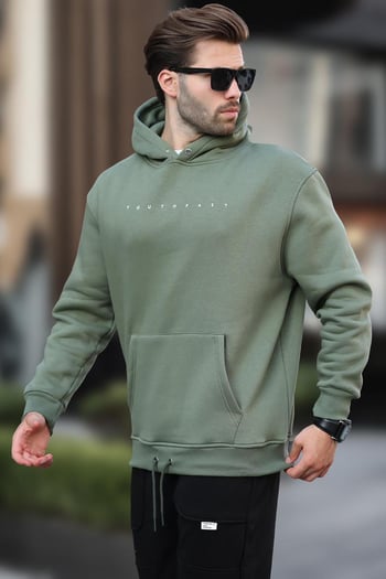 Haki Kapüşonlu Baskılı Erkek Sweatshirt 7077