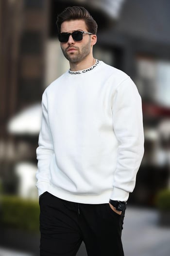 Ekru Bisiklet Yaka Şardonlu Erkek Sweatshirt 7047