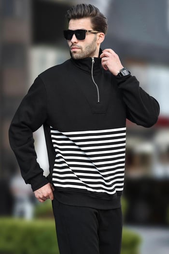 Siyah Fermuar Yakalı Çizgili Sweatshirt 7056