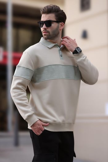 Bej Polo Yaka Renk Bloklu Erkek Sweatshirt 7072