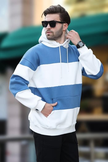 Ekru Kapüşonlu Renk Bloklu Cep Detaylı Erkek Sweatshirt 7044