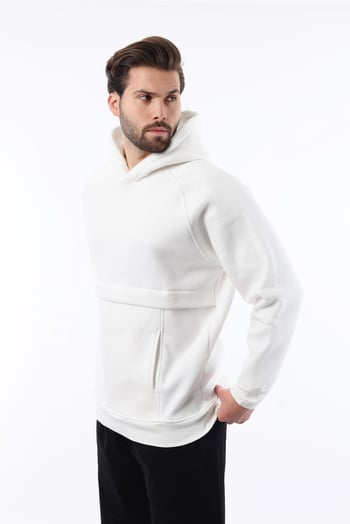 Ekru Kapüşonlu Cep Detaylı Erkek Sweatshirt 7092