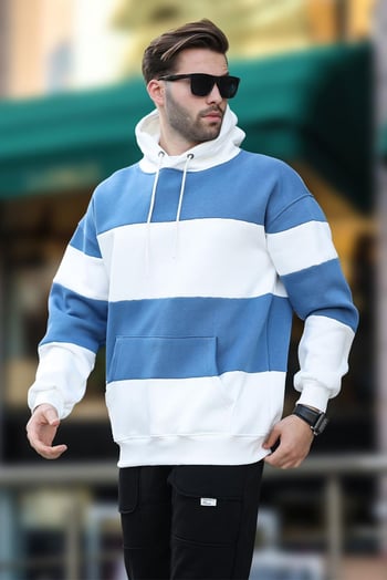 Ekru Kapüşonlu Renk Bloklu Cep Detaylı Erkek Sweatshirt 7044