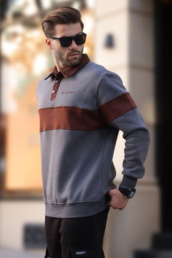 Füme Polo Yaka Renk Bloklu Erkek Sweatshirt 7072