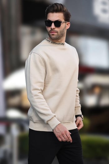 Bej Bisiklet Yaka Şardonlu Erkek Sweatshirt 7047