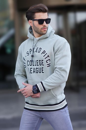 Çağla Yeşil Kapüşonlu Cep Detaylı Baskılı Erkek Sweatshirt 7068